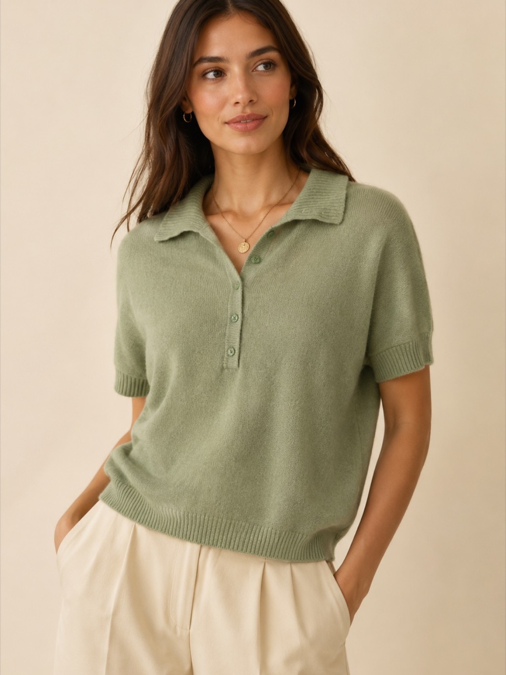Magaschoni 100% Cashmere Short-Sleeve Polo V-Neck Sweater in Sage Green